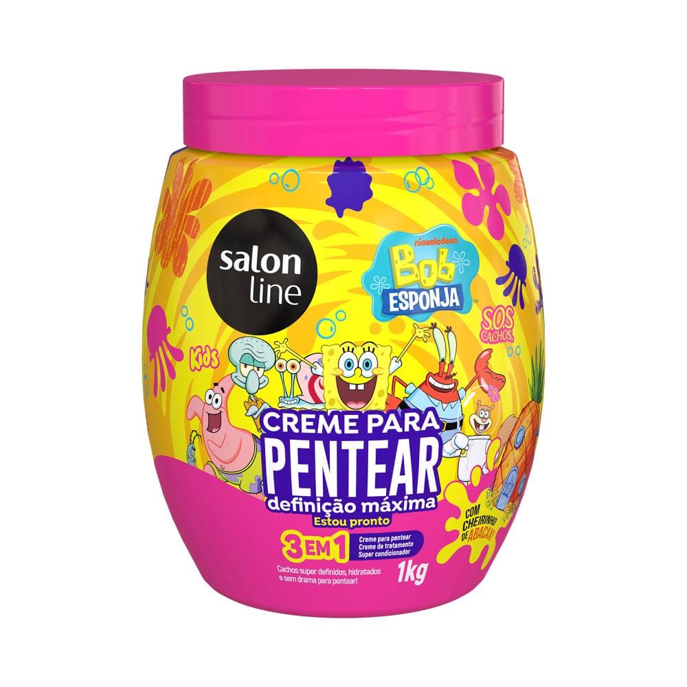 Creme para Pentear Salon Line Kids Bob Esponja Definição Máxima 1kg, embalagem com personagens do Bob Esponja, cores amarelo e rosa vibrante