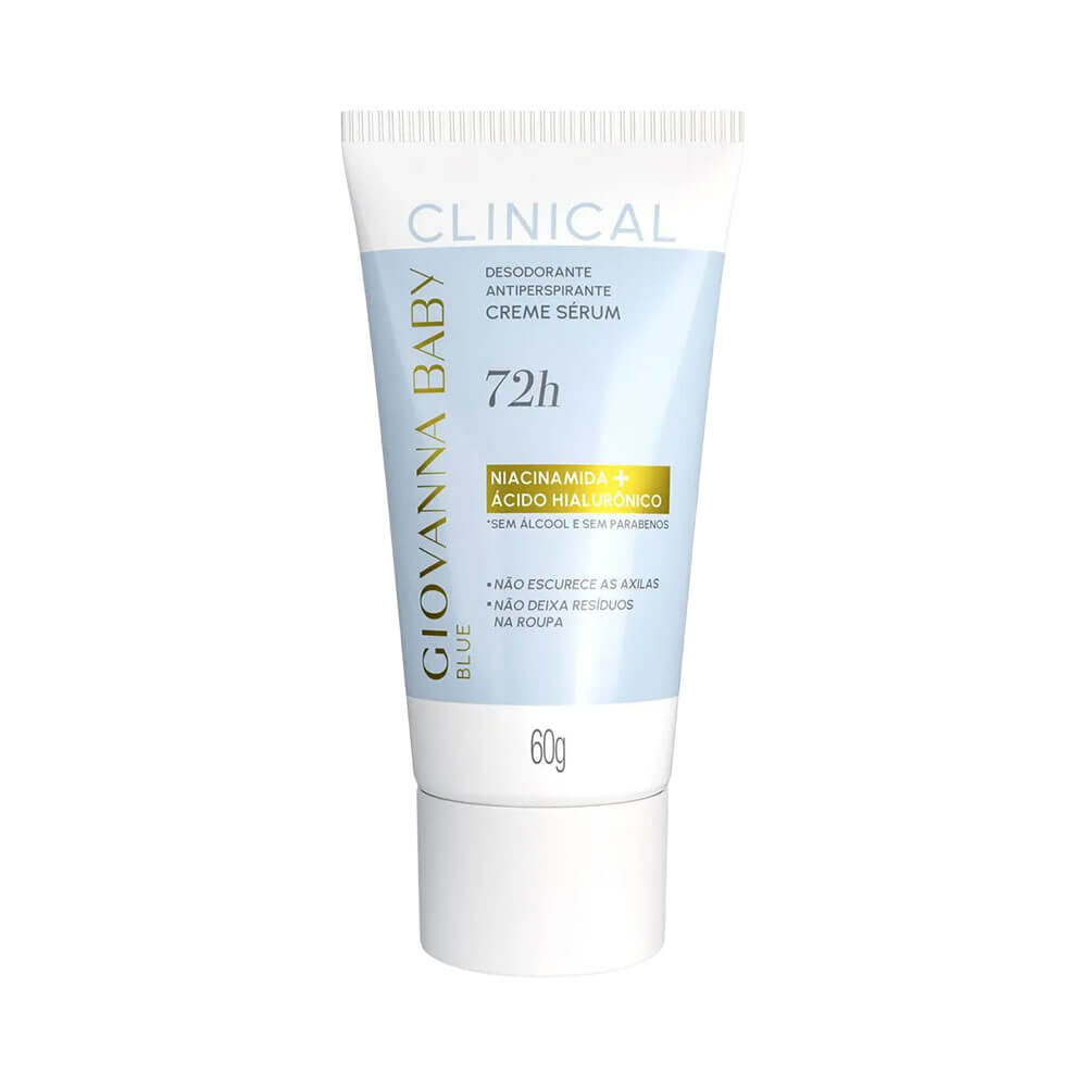 Desodorante Creme Giovanna Baby Clinical 72h Blue 60g em embalagem tubo azul claro e branco