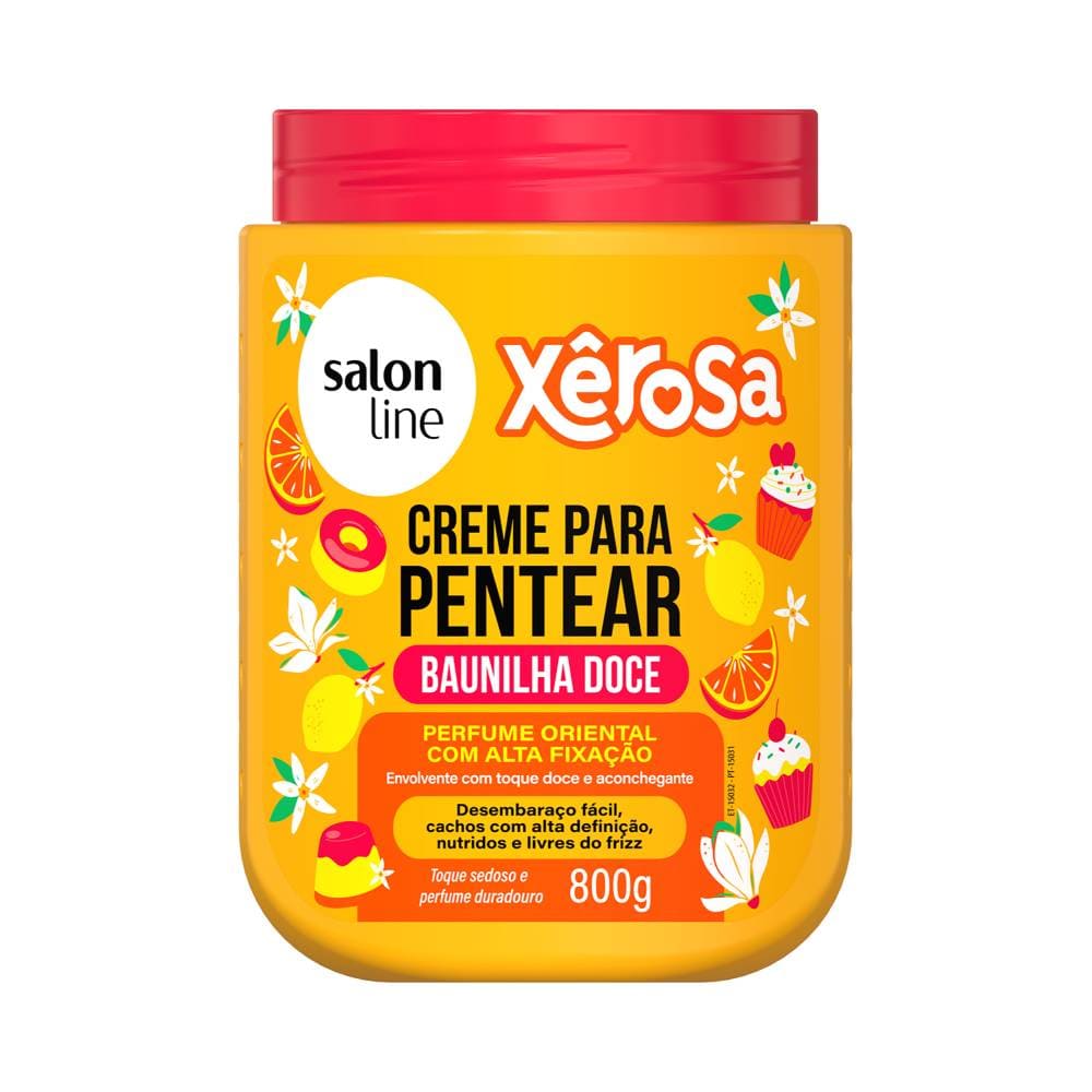 Creme para Pentear Salon Line Xêrosa Baunilha Doce 800g, pote amarelo com tampa vermelha e ilustrações coloridas