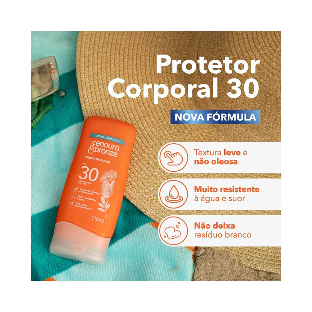 Protetor solar Cenoura e Bronze FPS 30 com destaque para características