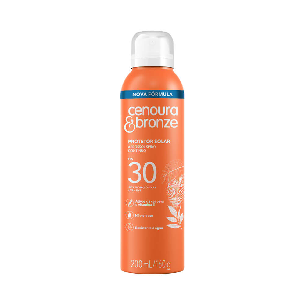 Frasco laranja de protetor solar aerosol Cenoura & Bronze FPS 30 200ml