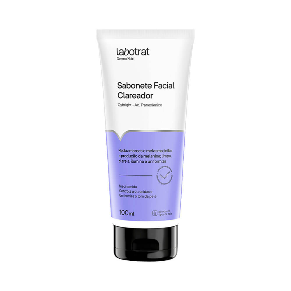 Sabonete Facial Clareador Labotrat Dermo Skin 100ml em embalagem branca com detalhes lilás e tampa preta.