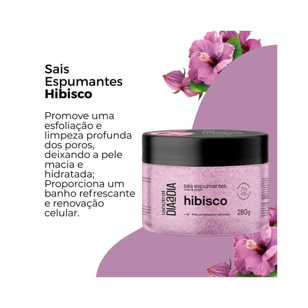 Sais de Banho Labotrat Dia a Dia Hibisco 280g com texto informativo sobre benefícios