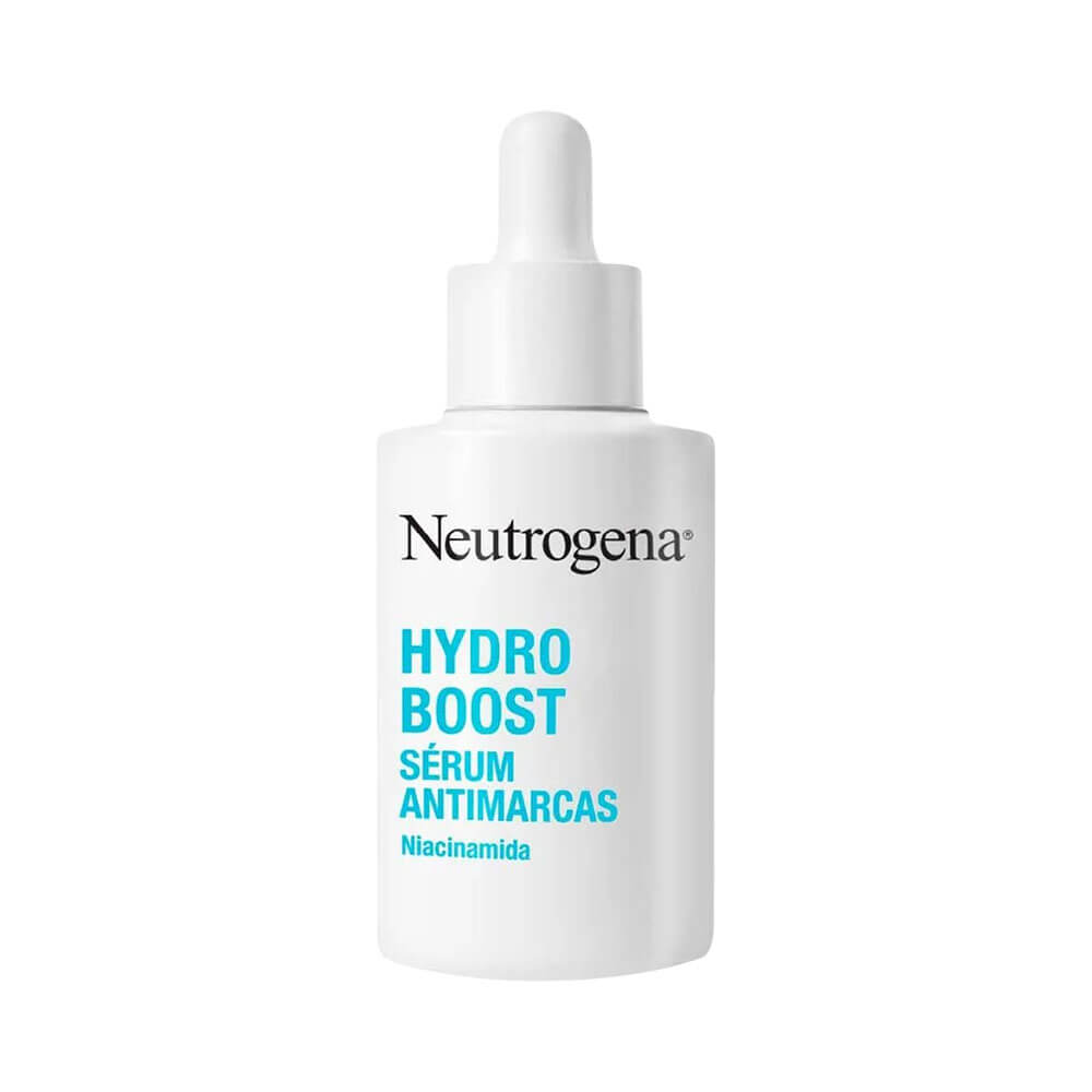 Frasco branco do sérum facial Neutrogena Hydro Boost Antimarcas 30ml com conta-gotas, fundo branco.