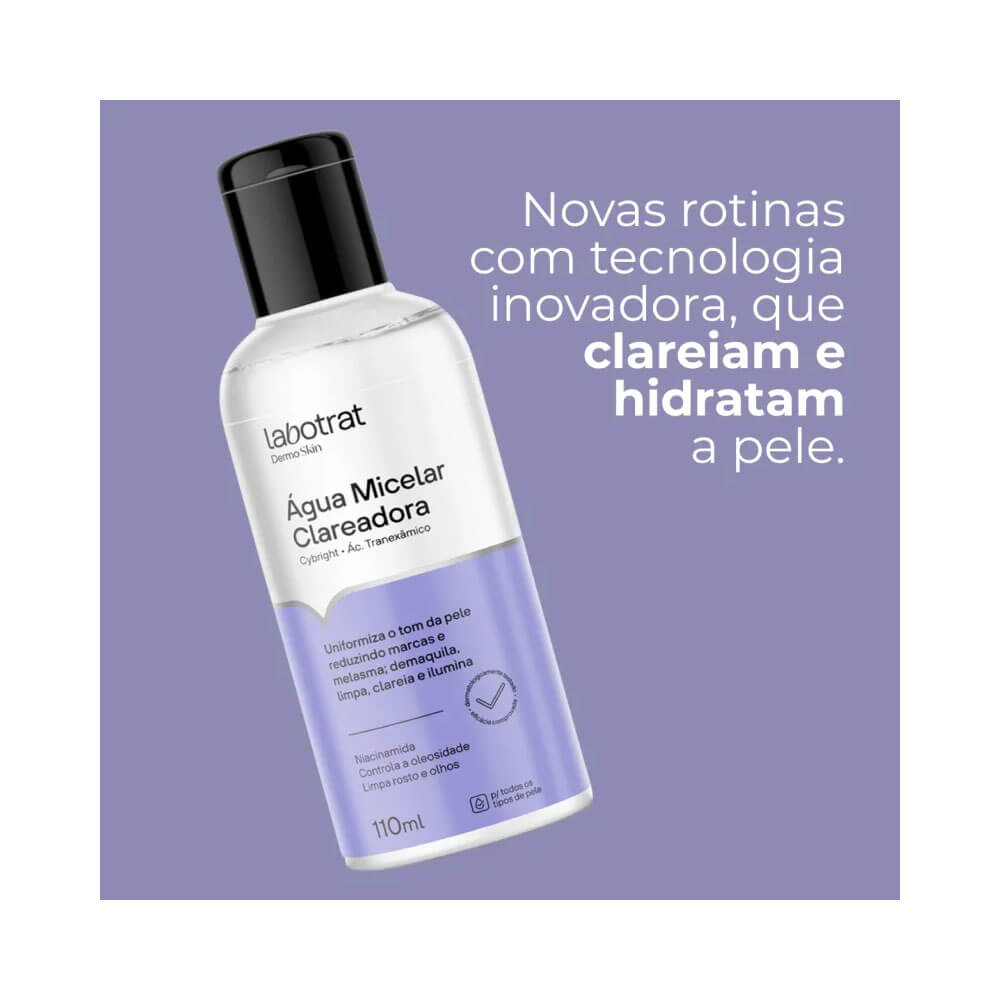 Frasco de Água Micelar Labotrat Dermo Skin Clareadora 110ml em destaque.