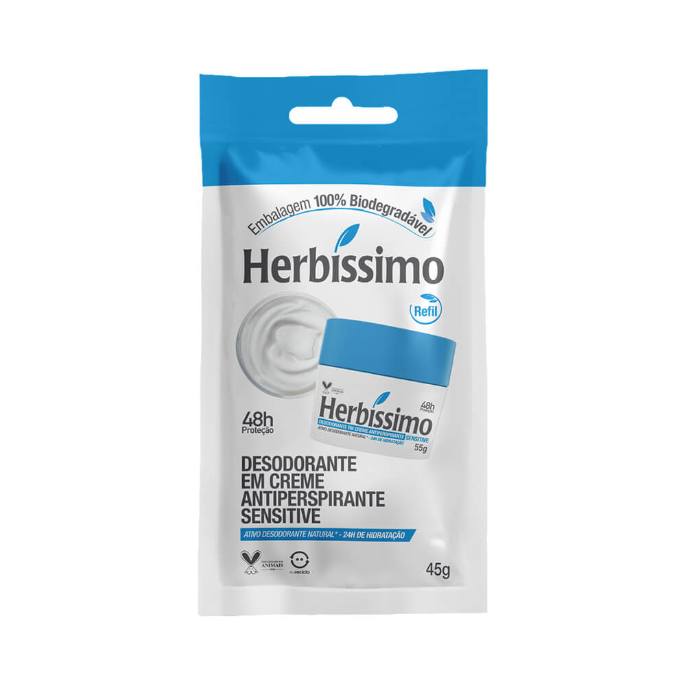 Refil do Desodorante Creme Herbíssimo Sensitive 45g, embalagem branca com detalhes em azul, proteção antitranspirante 48 horas