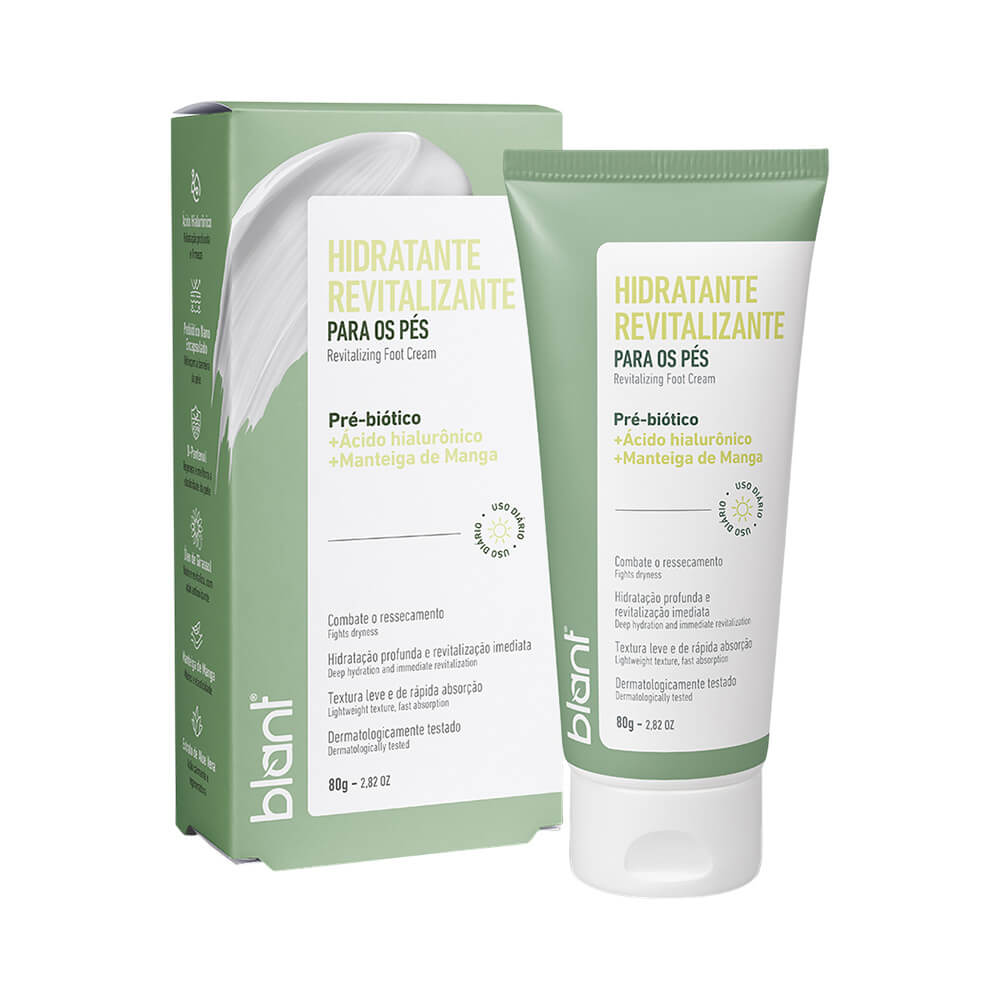Tubo do Hidratante Revitalizante Blant para Pés 80g com textura leve e rótulo verde e branco