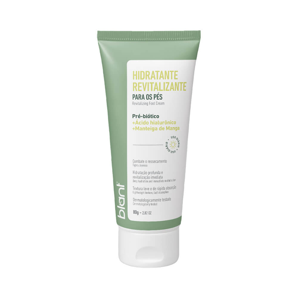 Embalagem do Hidratante Revitalizante Blant para Pés 80g em fundo branco destacando design verde e branco