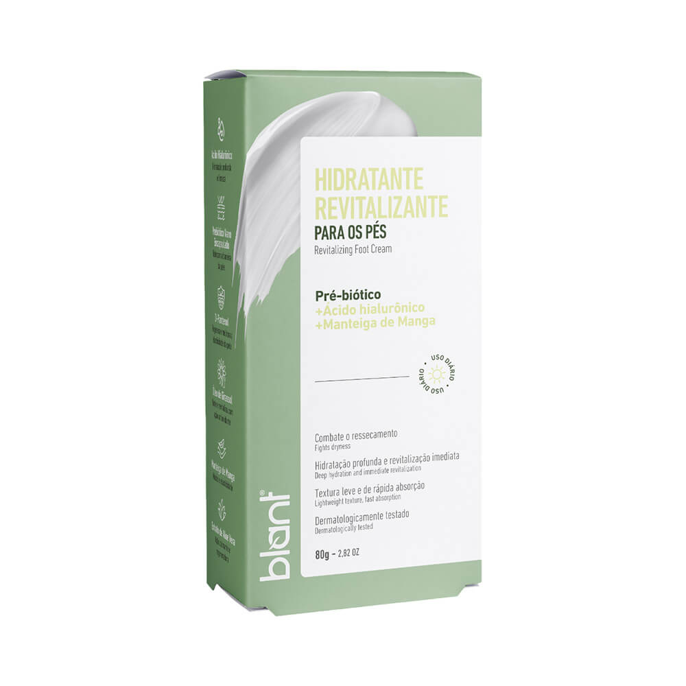 Embalagem do Hidratante Revitalizante Blant para Pés 80g destacando design e composição