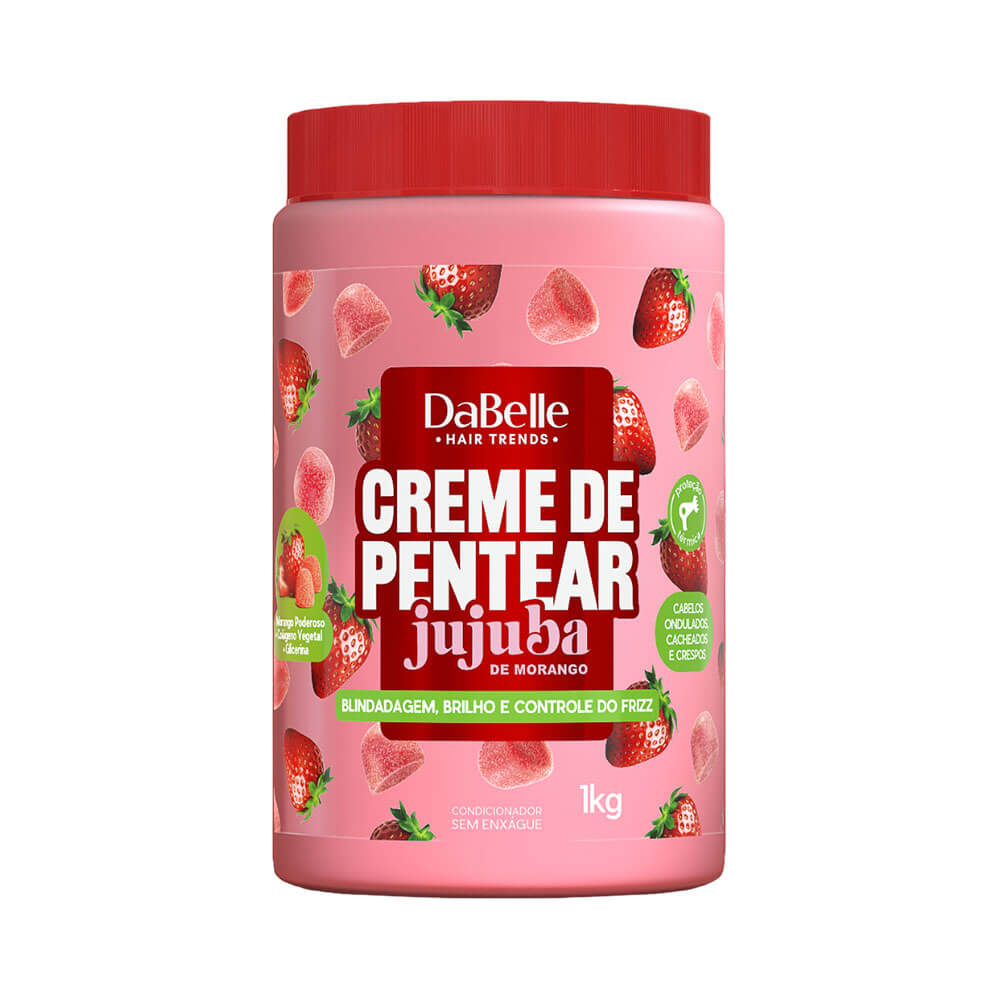 Pote rosa de Creme de Pentear Dabelle Jujuba Morango 1kg com tampa vermelha e ilustrações de morango e jujuba.