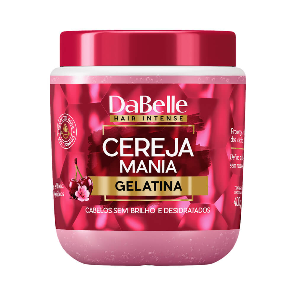 Gelatina Dabelle Cereja Mania 400g, pote vermelho com tampa rosada