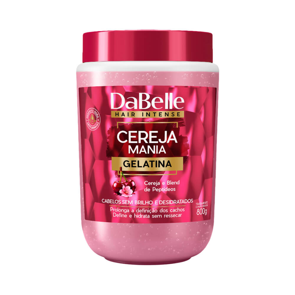 Pote de Gelatina Dabelle Cereja Mania 800g para cabelos, embalagem branca com tampa vermelha e rótulo vermelho
