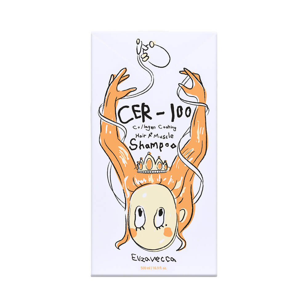 Embalagem externa do shampoo Elizavecca Cer-100 Muscle com ilustração colorida de personagem musculoso
