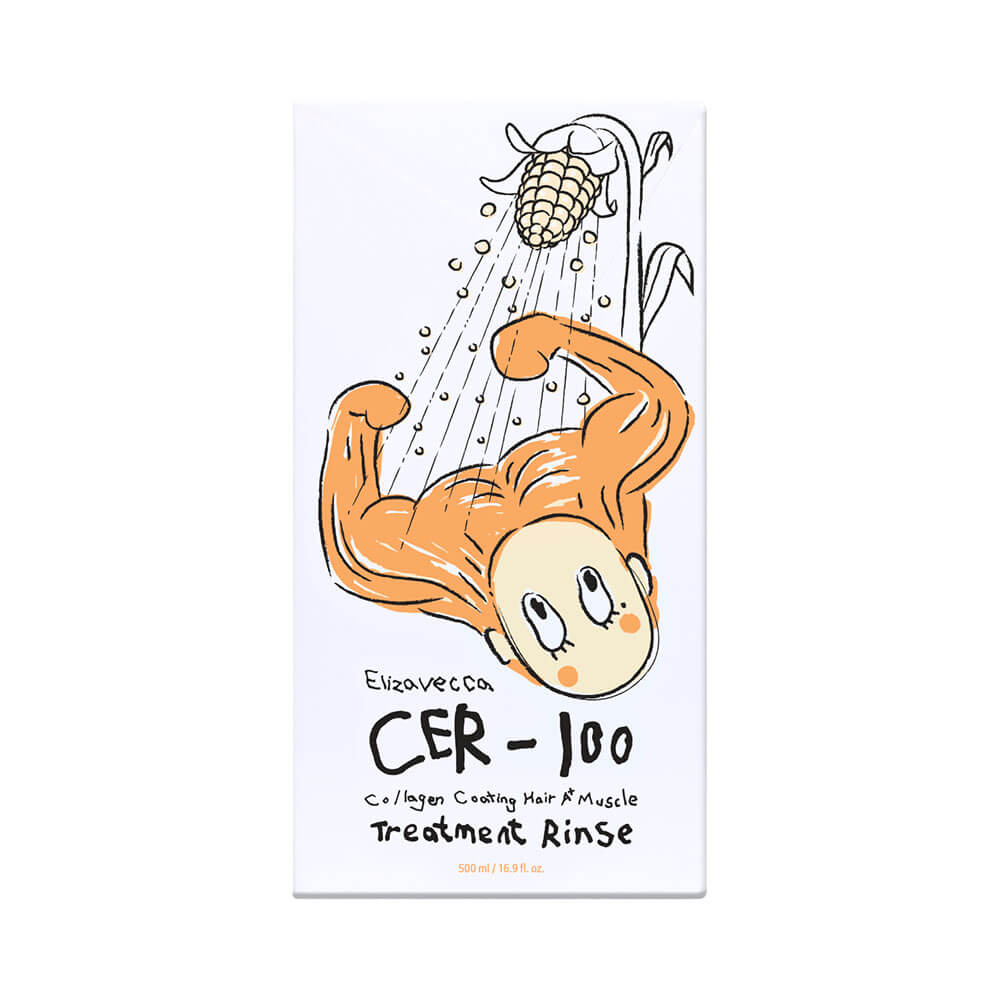 Embalagem externa do condicionador Elizavecca Cer-100 Muscle Treatment 500ml com ilustração de personagem musculoso