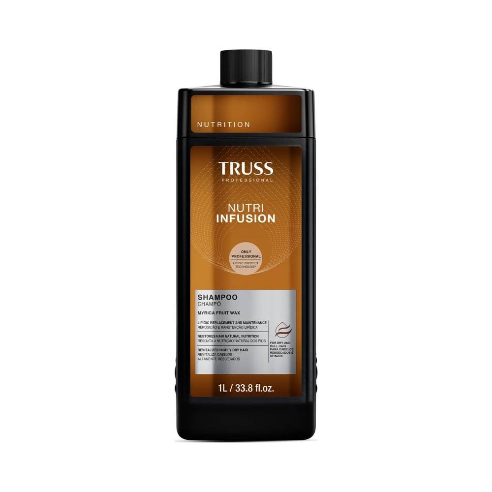 Frasco do Shampoo Truss Nutri Infusion 1 litro, embalagem preta com rótulo marrom