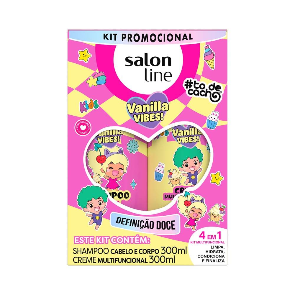 Kit Salon Line Multy Shampoo + Creme Vanilla Vibes com design infantil e personagens animados em fundo branco