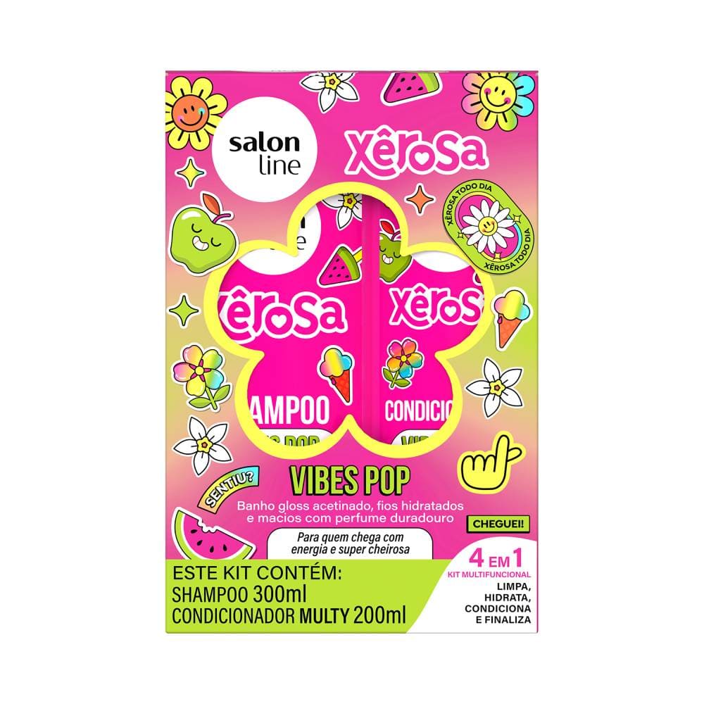 Kit Salon Line Xêrosa Shampoo e Condicionador Vibes Pop com embalagem rosa e ilustrações de frutas