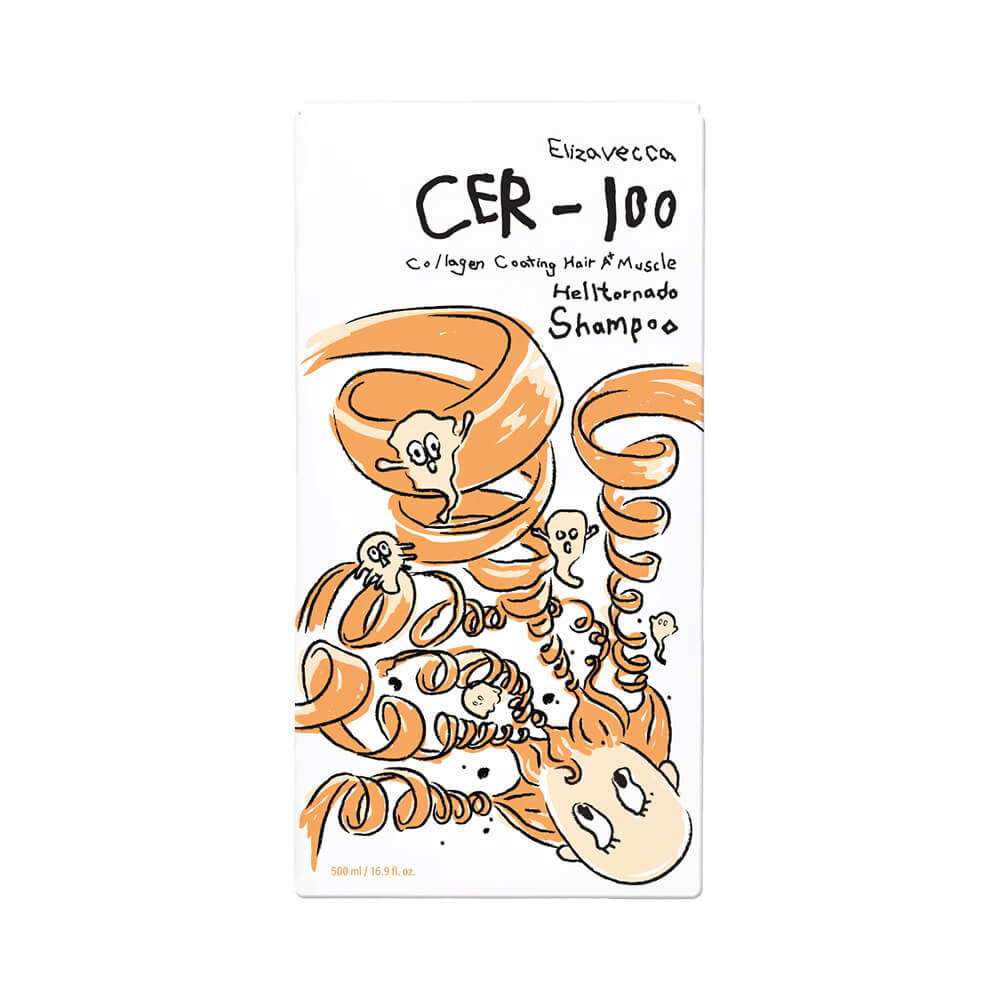 Embalagem retangular branca do Shampoo Elizavecca Cer-100 Helltornado 500ml com ilustração de tornado em tons laranja e preto