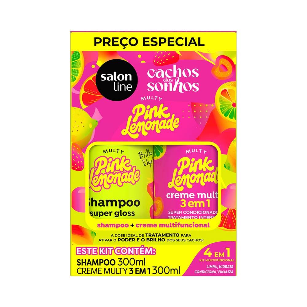 Kit Salon Line Multy Shampoo e Creme 3 em 1 Pink Limonade com embalagens coloridas e ilustradas