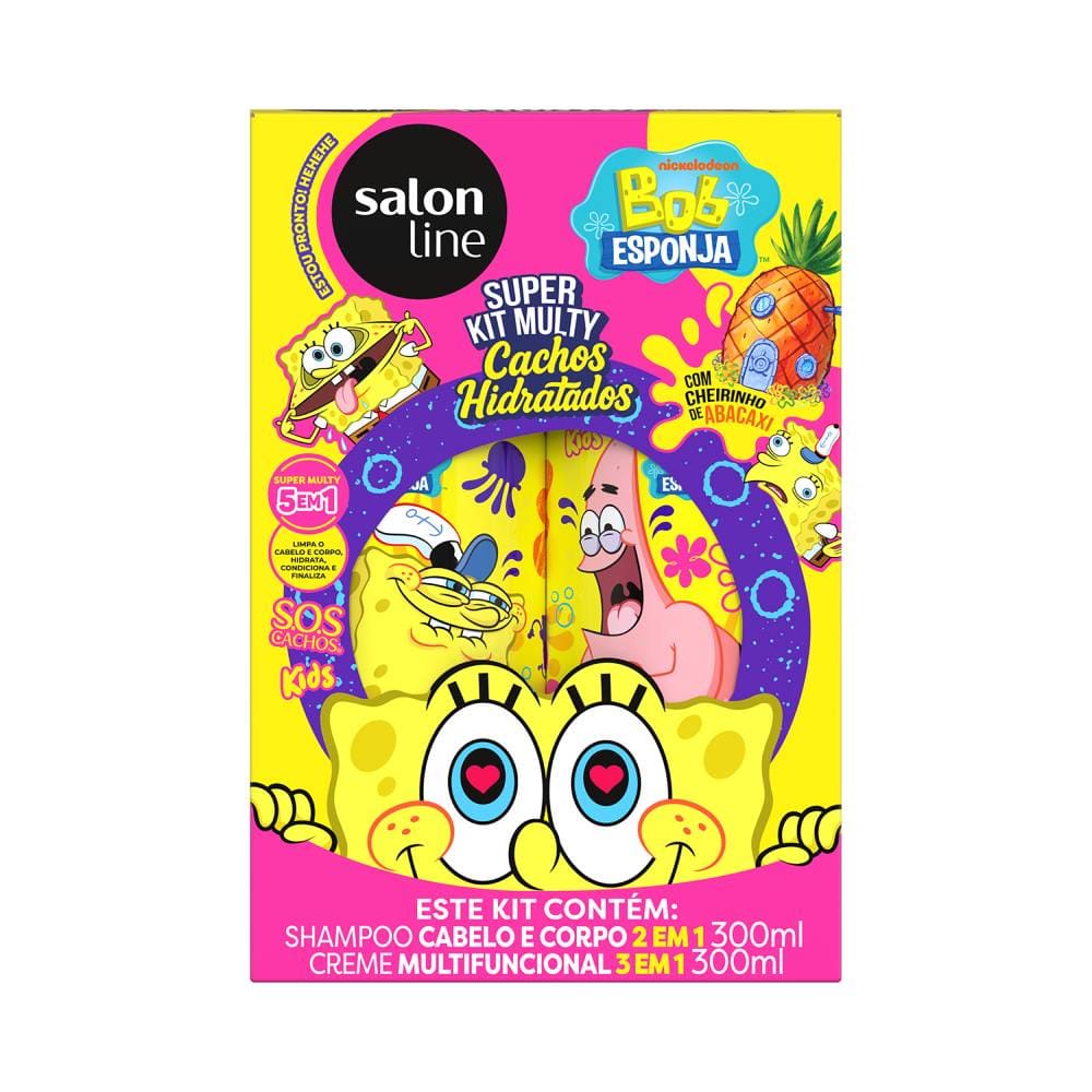 Caixa do kit infantil Salon Line Kids com personagens Bob Esponja e design colorido