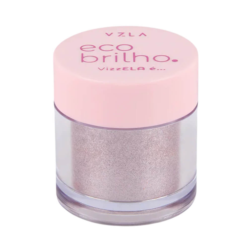 Frasco de sombra em brilho rosa com glitter, tampa rosa com a marca Vizzela escrita em letras rosa.