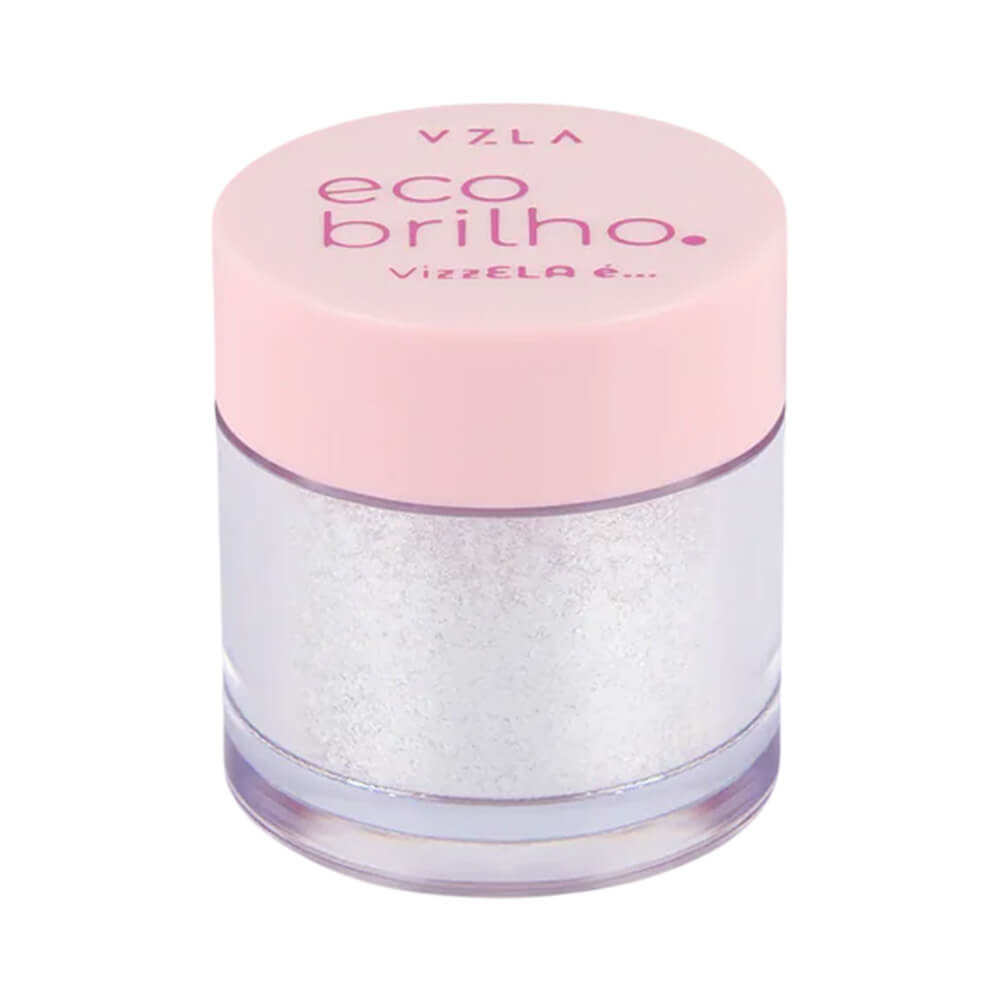 Sombra Vizzela Eco Brilho Ela É Talentosa 02 em embalagem transparente com tampa rosa, brilho prateado intenso