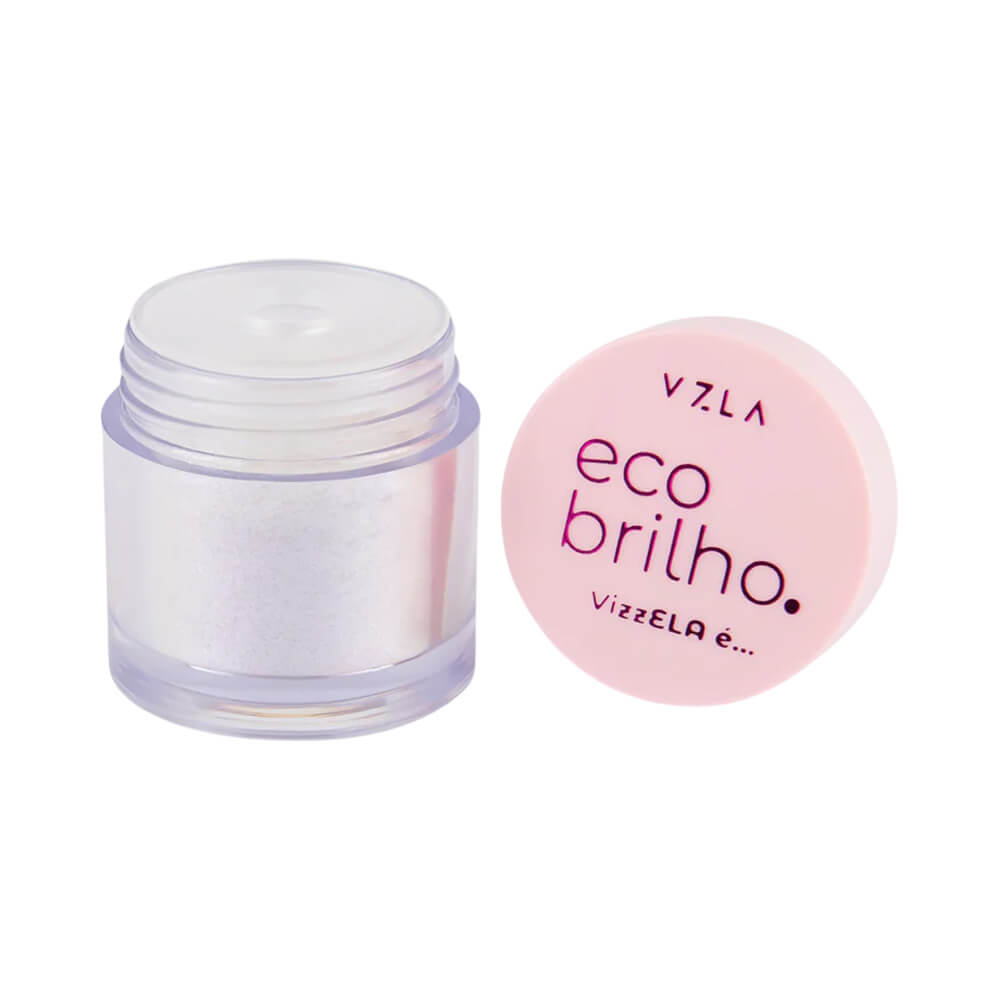 Sombra Vizzela Eco Brilho Ela É Talentosa 02 em pote com tampa rosa, mostrando textura fina e brilho delicado