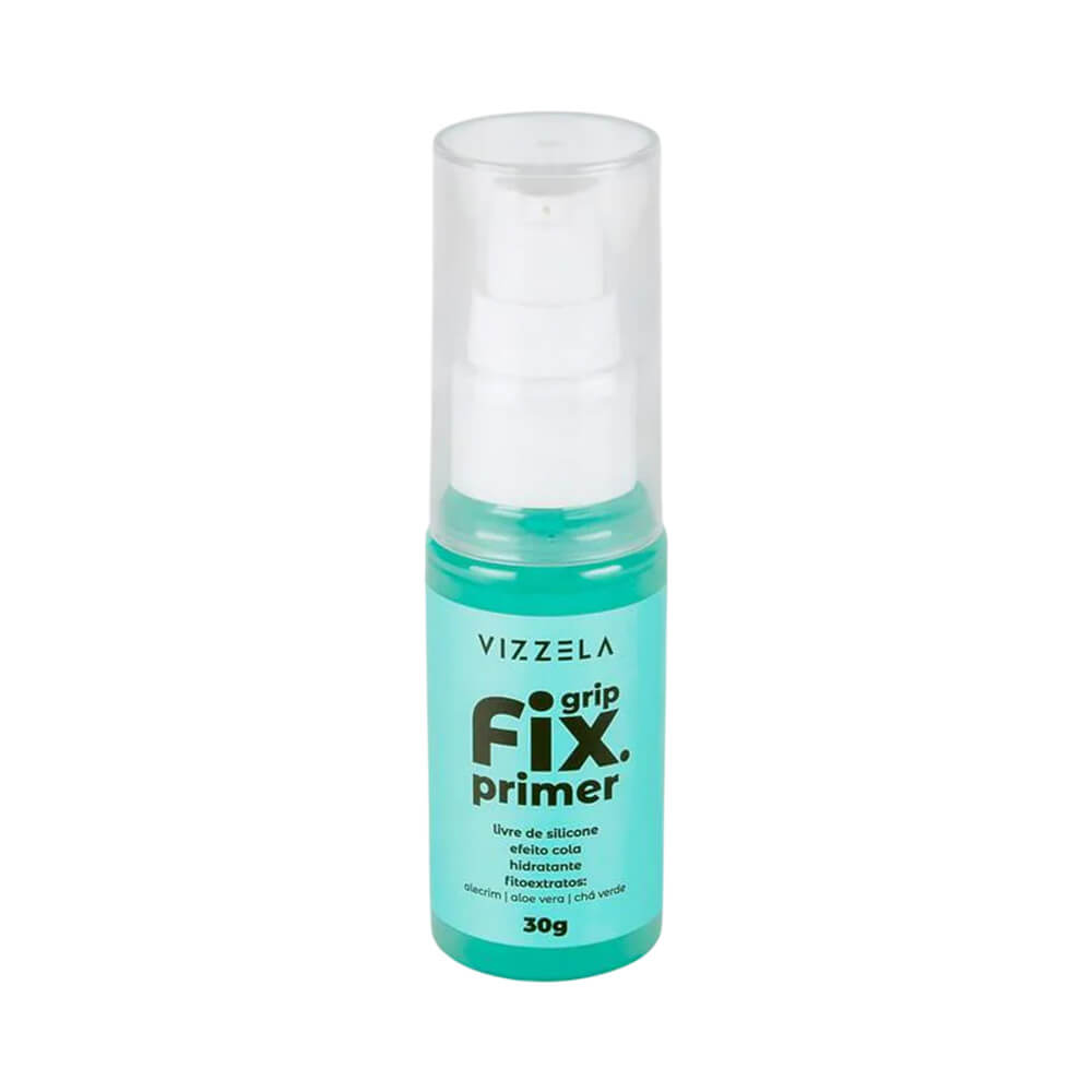 Frasco de primer Vizzela Grip Fix 30g verde água com pump branco e tampa transparente