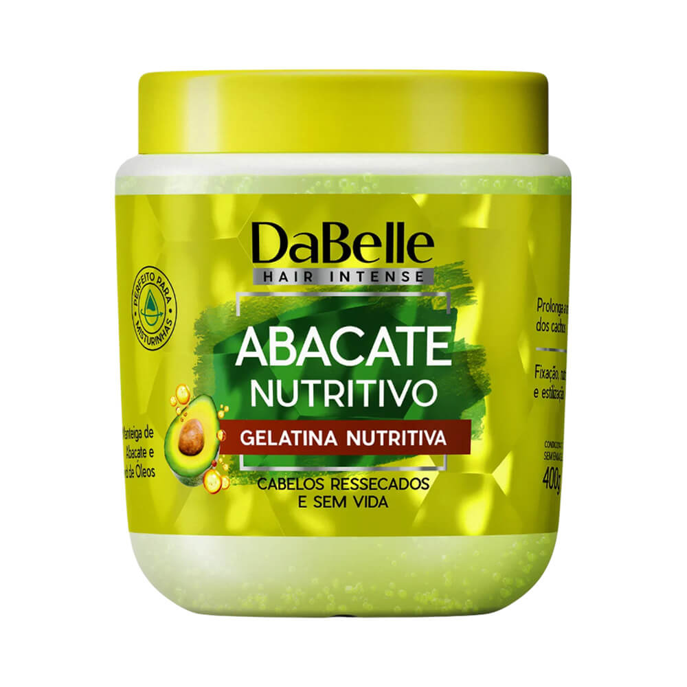 Pote de gelatina capilar DaBelle Abacate Nutritivo 400g, embalagem branca com tampa amarela e rótulo verde e amarelo