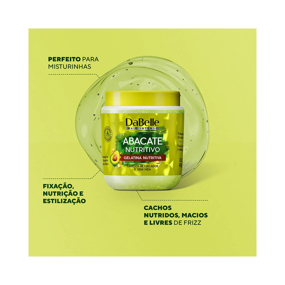 Gelatina capilar DaBelle Abacate Nutritivo 400g em fundo verde claro dentro de uma gota translúcida