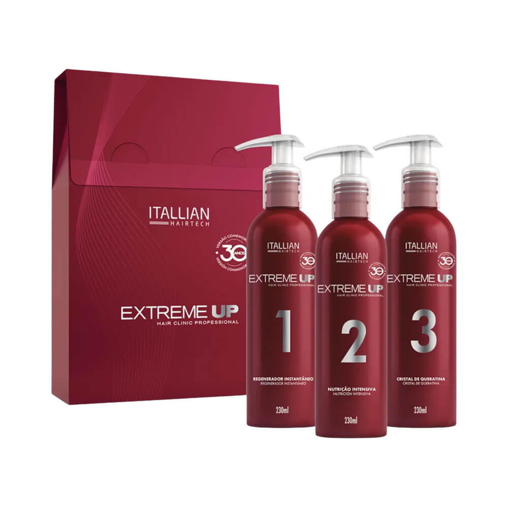 Kit Itallian Extreme Up Hidratante 690ml com três frascos vermelhos numerados e caixa vermelha