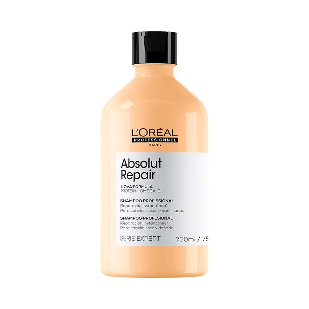Frasco de shampoo L'Oréal Absolut Repair Gold 750ml, embalagem creme com tampa preta