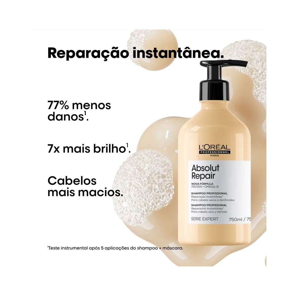 Antes e depois do uso do shampoo L'Oréal Absolut Repair Gold mostrando cabelo loiro com brilho e maciez