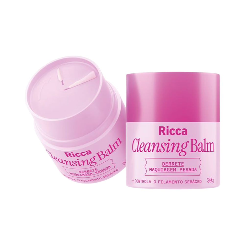 Cleansing Balm Ricca Derrete Maquiagem Pesada 30g com embalagem rosa e balm cremoso rosa claro
