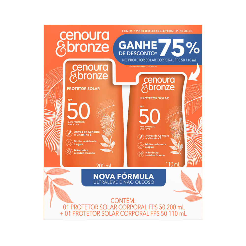 Kit Protetor Solar Corporal Cenoura e Bronze FPS 50 com frascos laranja de 200ml e 110ml