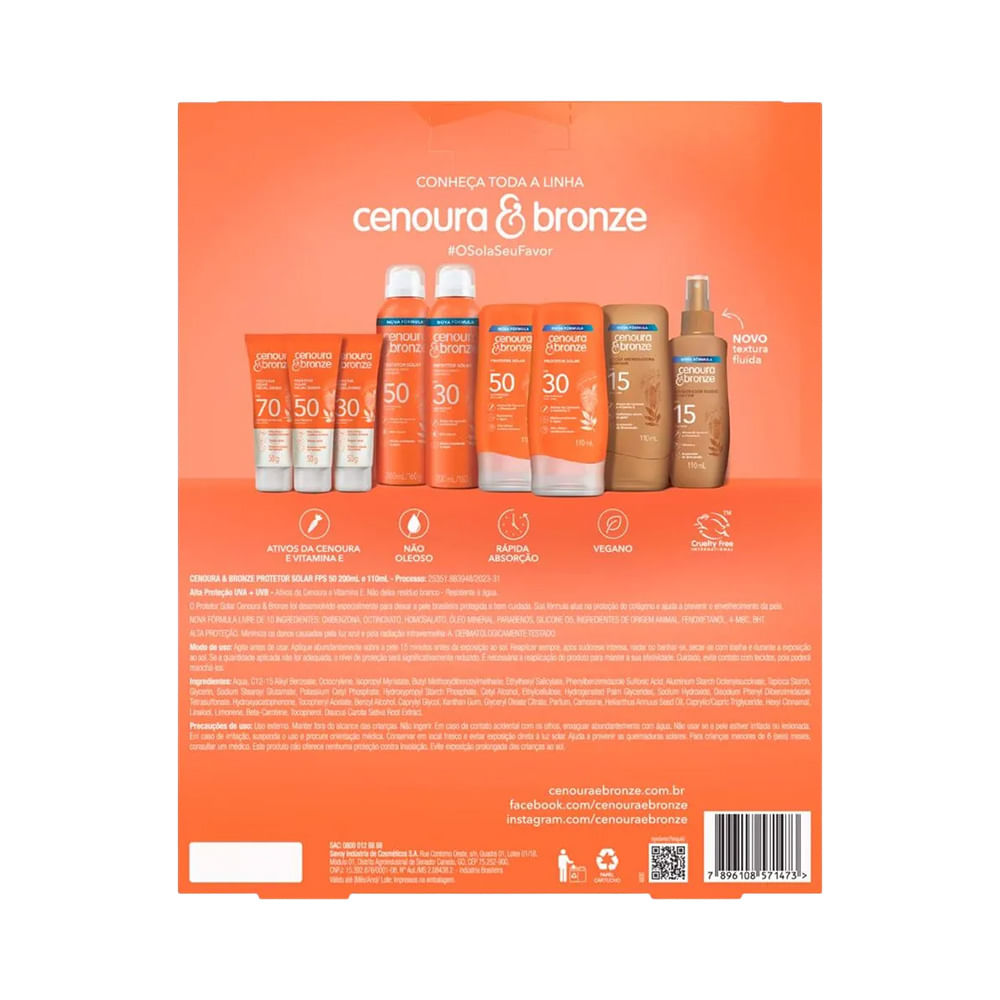 Parte traseira da embalagem do Kit Protetor Solar Corporal Cenoura e Bronze mostrando detalhes e informações