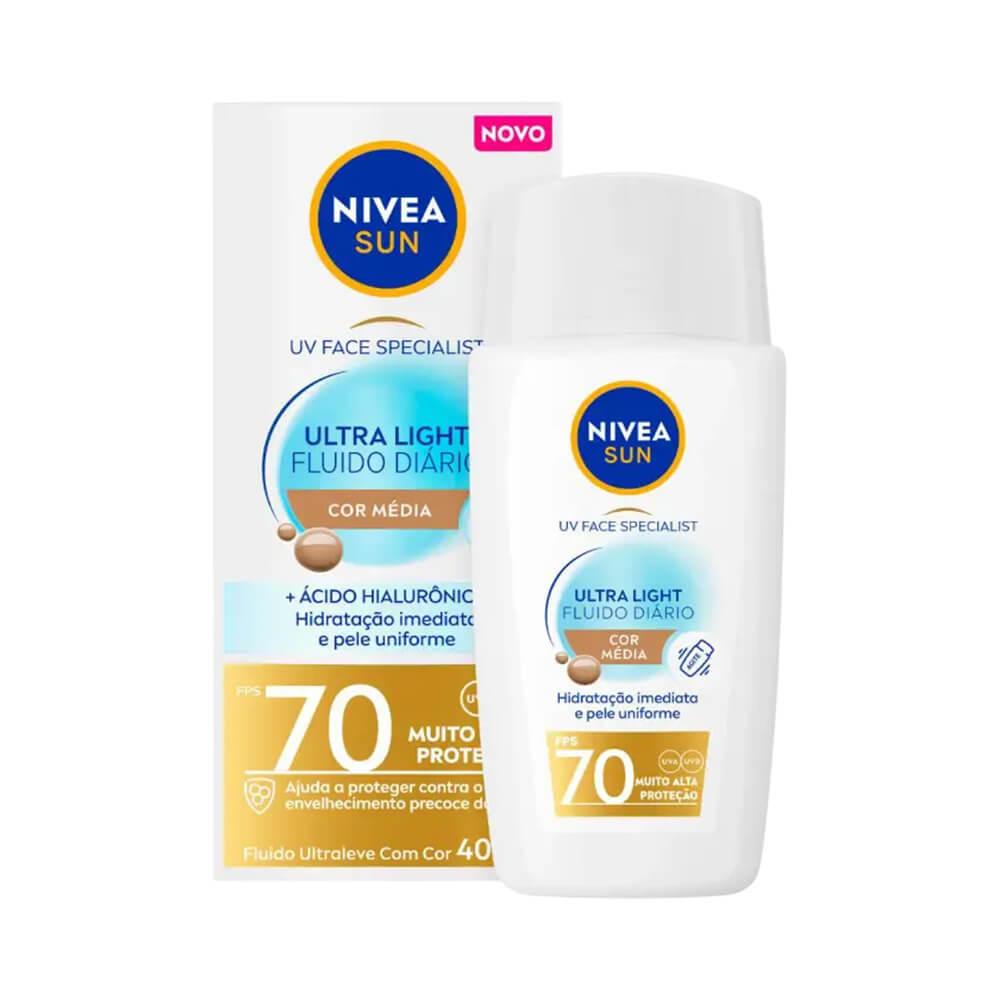 Protetor facial Nivea Sun Ultra Light Fluido Diário FPS 70 Cor Média 40ml com embalagem branca e azul