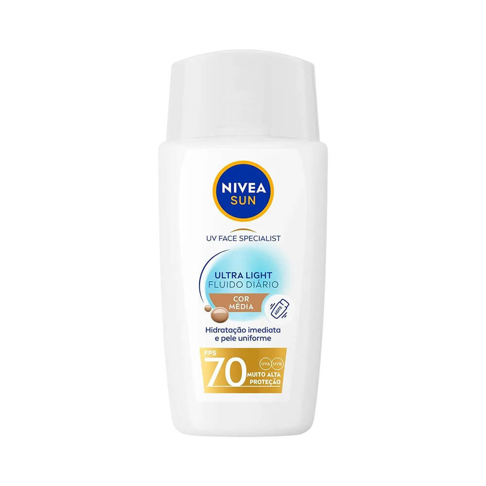 Detalhe do protetor facial Nivea Sun Ultra Light Fluido Diário FPS 70 Cor Média 40ml mostrando a tampa e rótulo