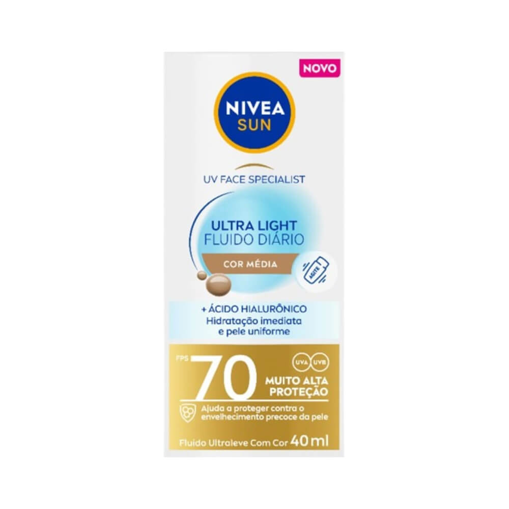 Imagem destacando características do protetor facial Nivea Sun Ultra Light Fluido Diário
