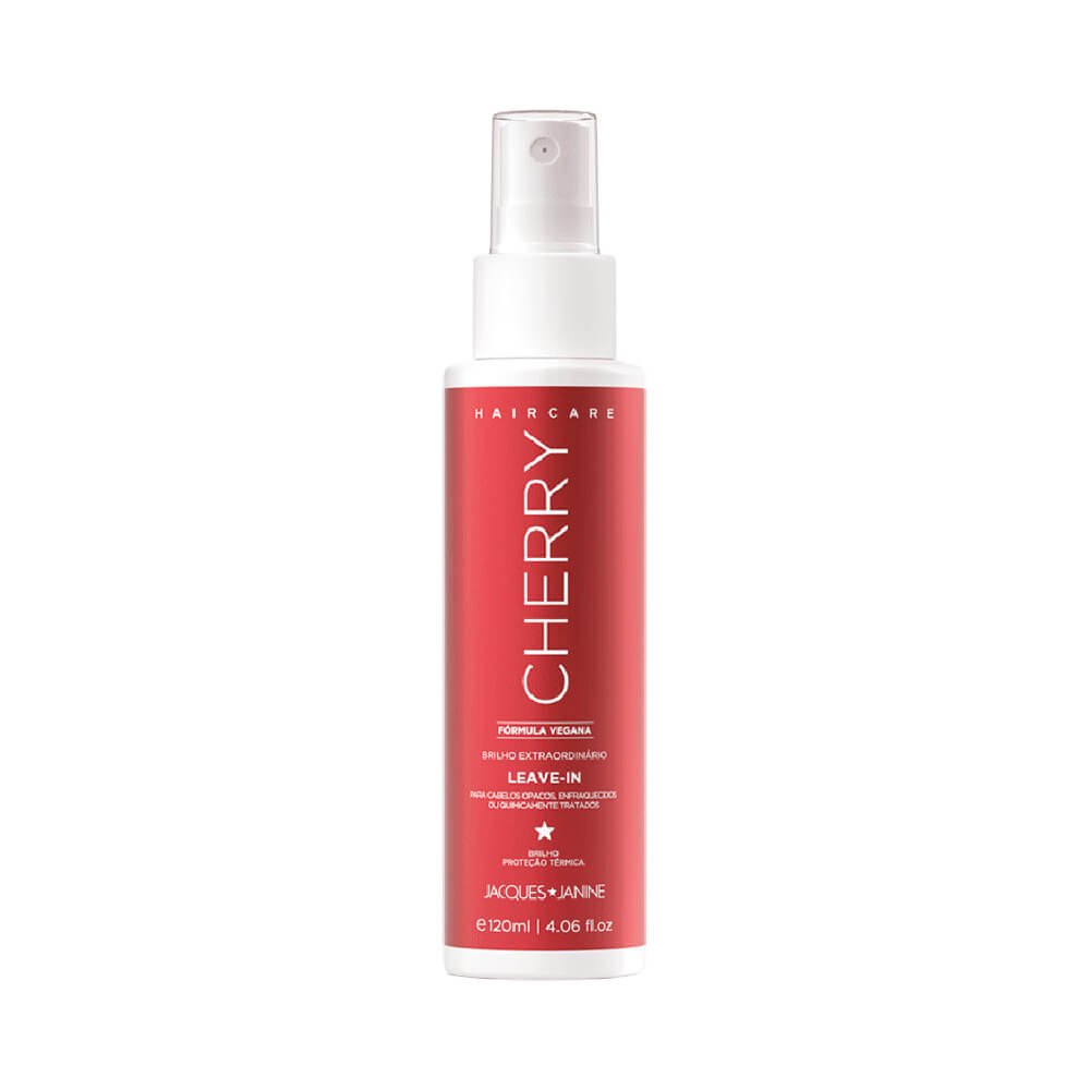 Frasco do Leave-In Jacques Janine Haircare Cherry 120ml, embalagem vermelha com spray transparente