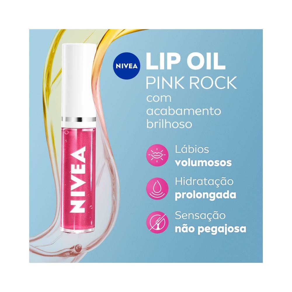Nivea Lip Oil Pink Rock sobre fundo azul claro mostrando aplicador e brilho rosa