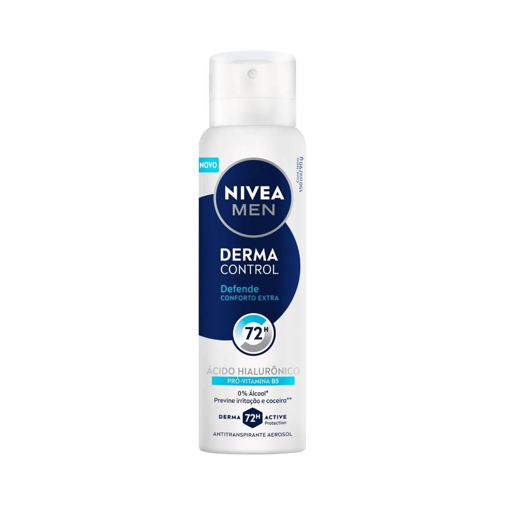 Frasco de desodorante aerosol Nivea Men Derma Control Defende 150ml, branco com detalhes azuis