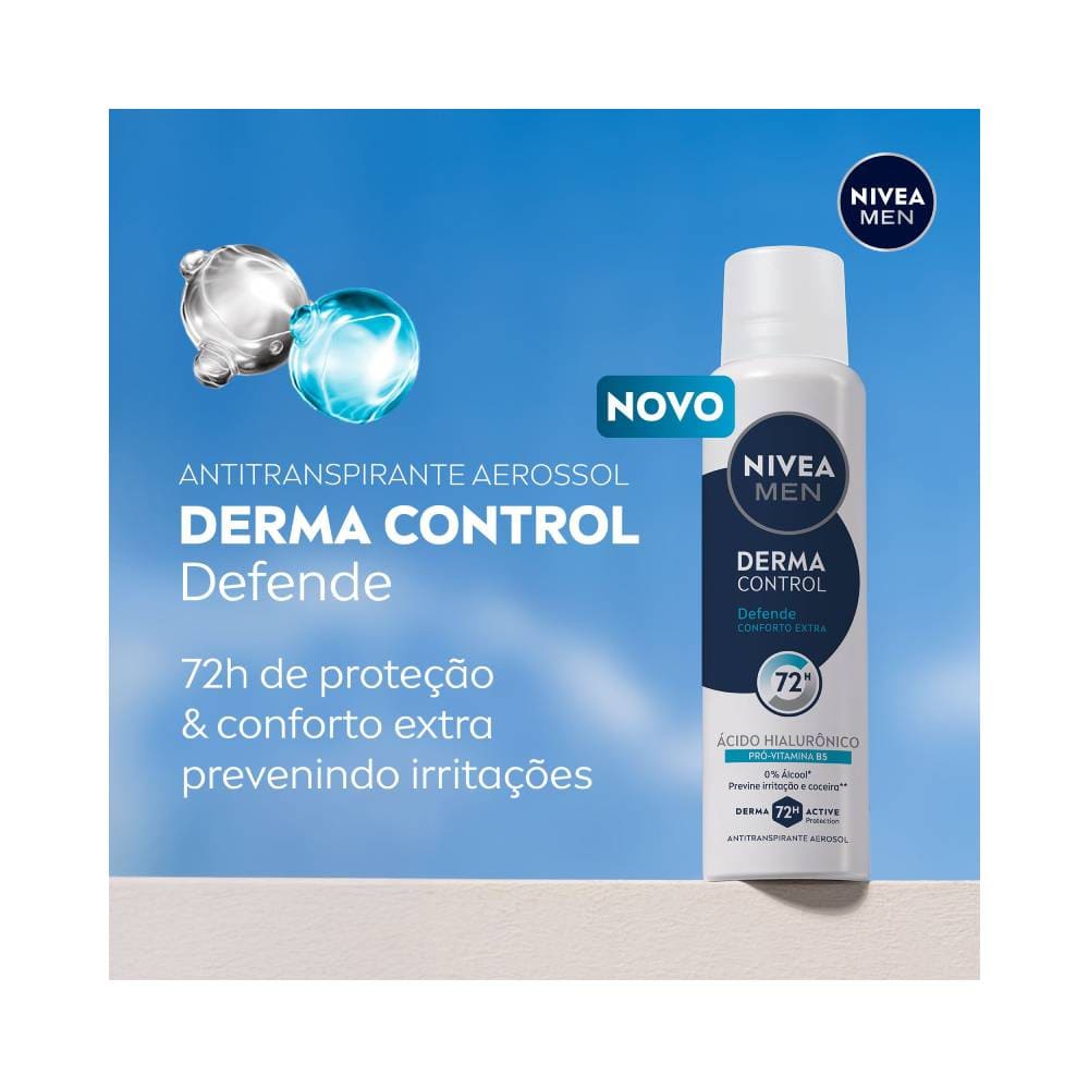 Desodorante aerosol Nivea Men Derma Control Defende 150ml com fundo azul e texto sobre proteção