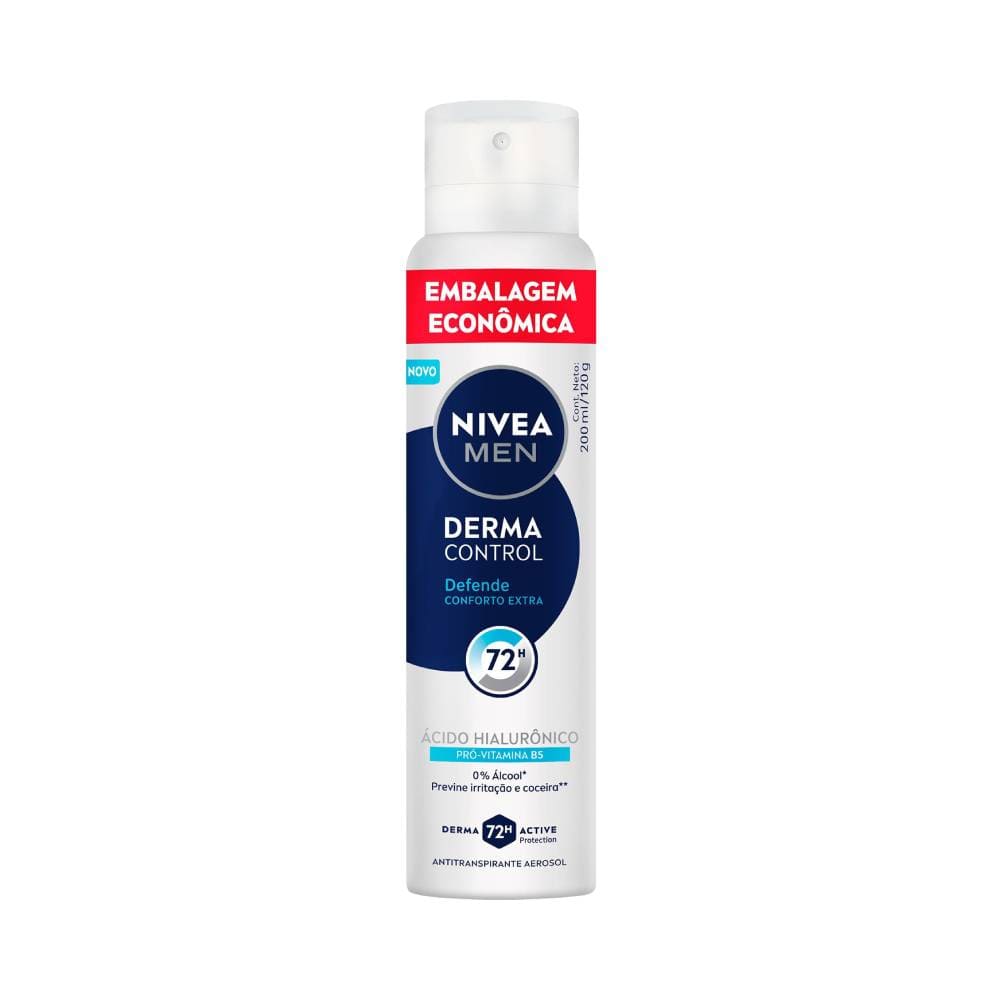 Desodorante Aerosol Nivea Men Derma Control Defende 200ml embalagem branca e azul
