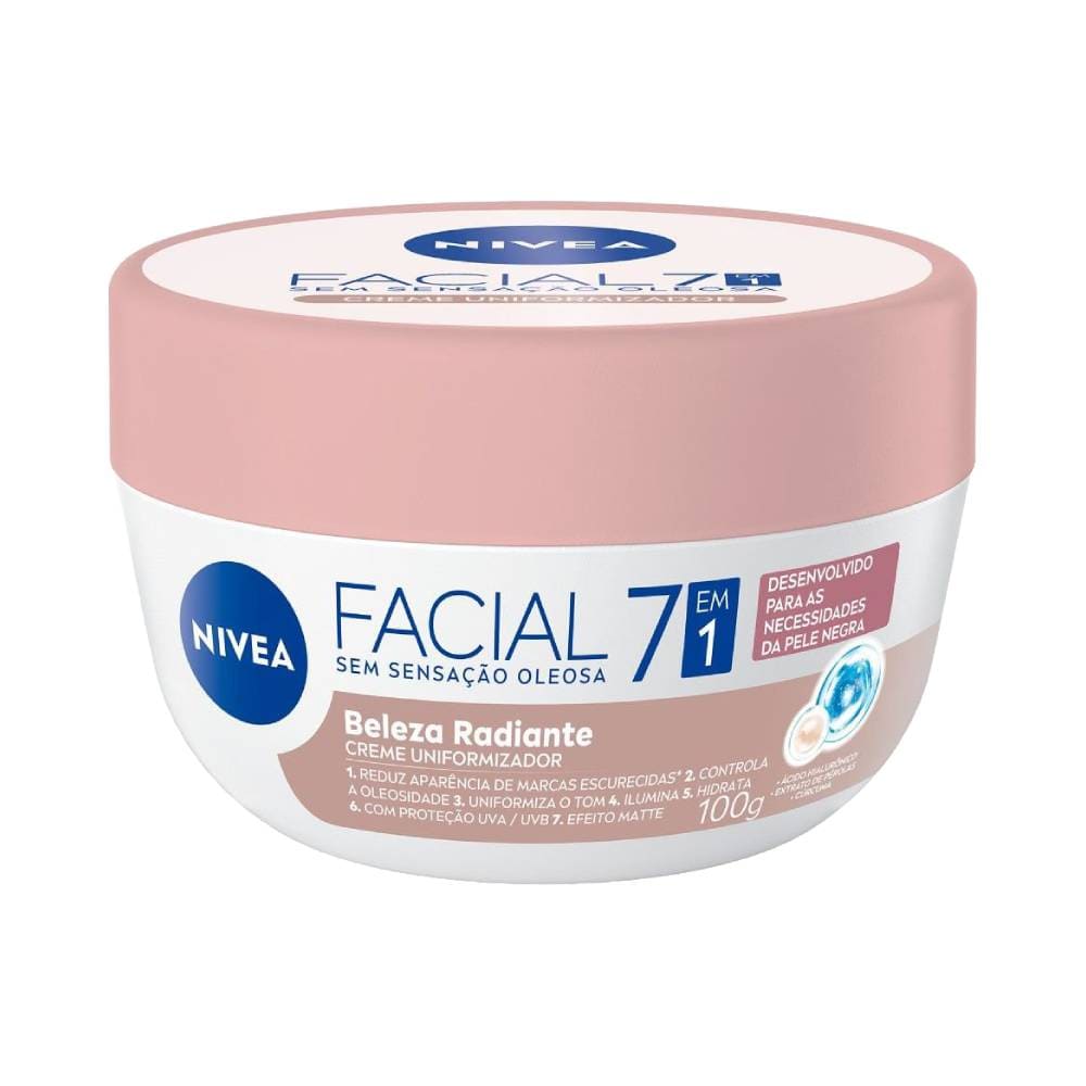Frasco aberto do Hidratante Facial NIVEA 7 em 1 Beleza Radiante 100g