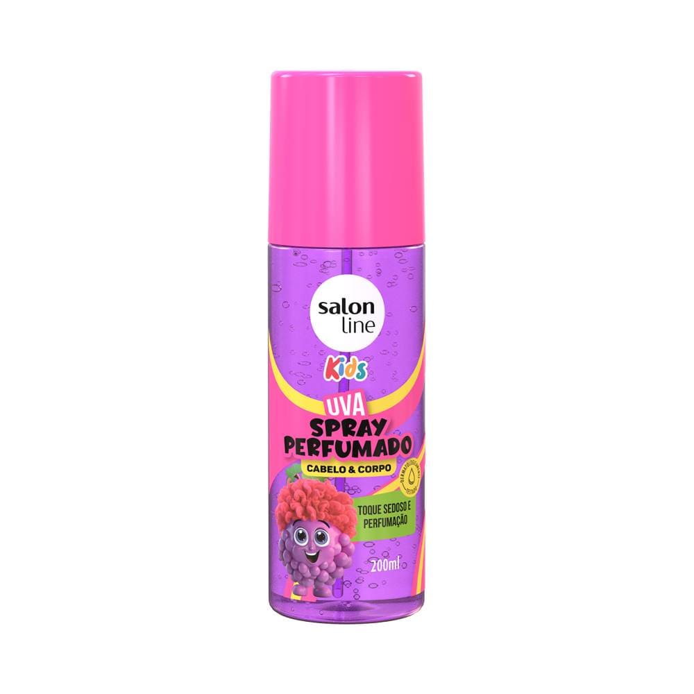 Perfume Capilar Salon Line Kids Uva 200ml em embalagem spray roxa translúcida com tampa rosa