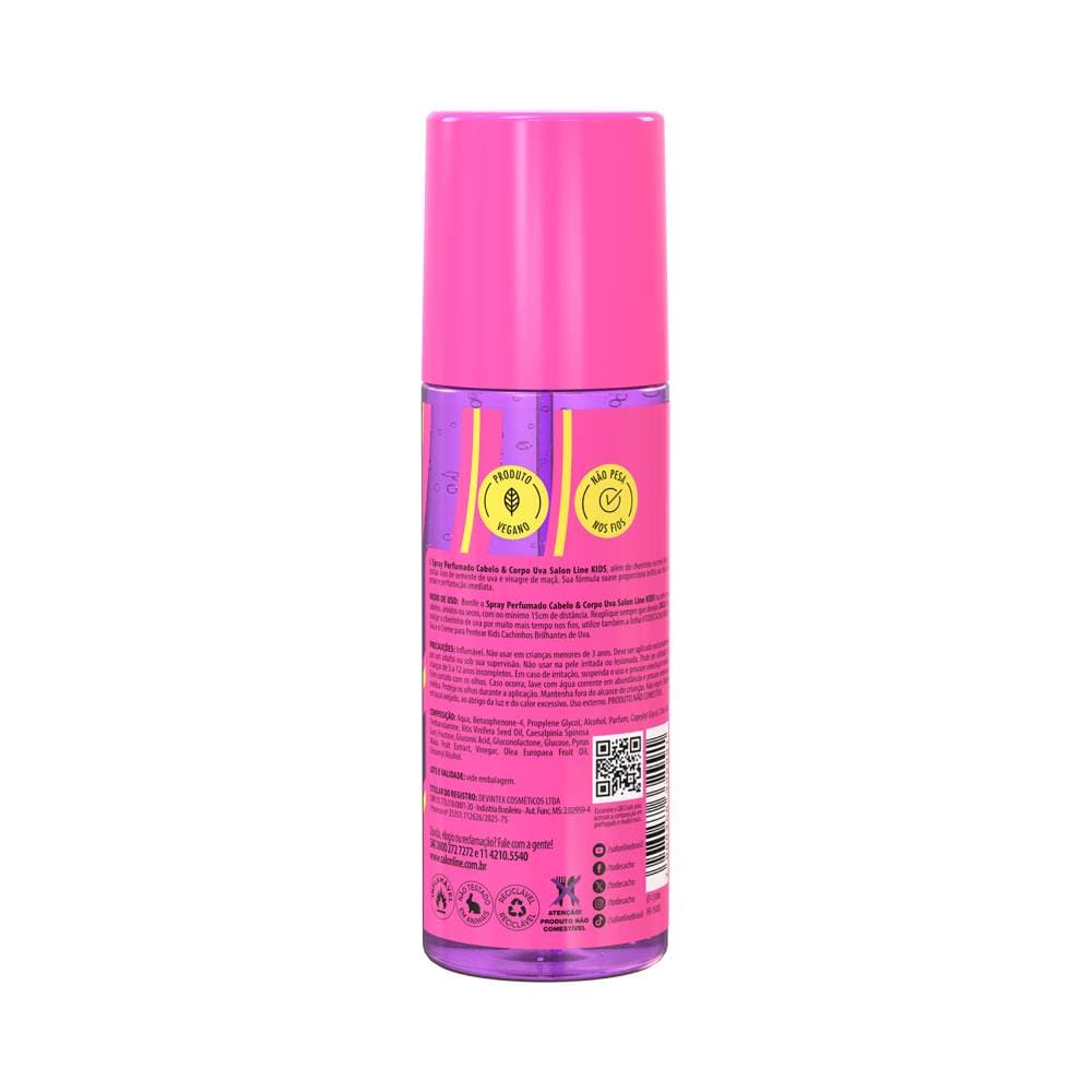 Verso do Perfume Capilar Salon Line Kids Uva 200ml com rótulo detalhado e ícones de perfume duradouro