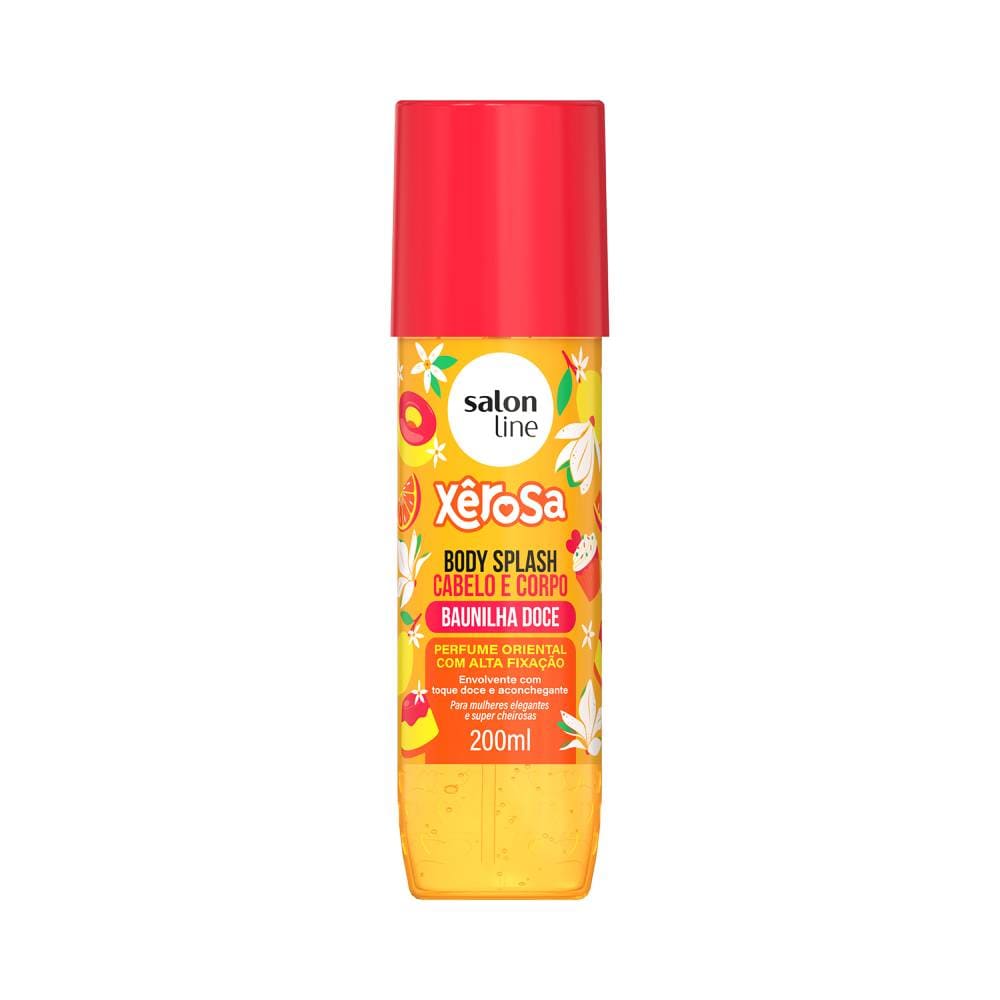 Frontal do Body Splash Salon Line Xêrosa Baunilha Doce em embalagem plástica translúcida amarela com tampa vermelha