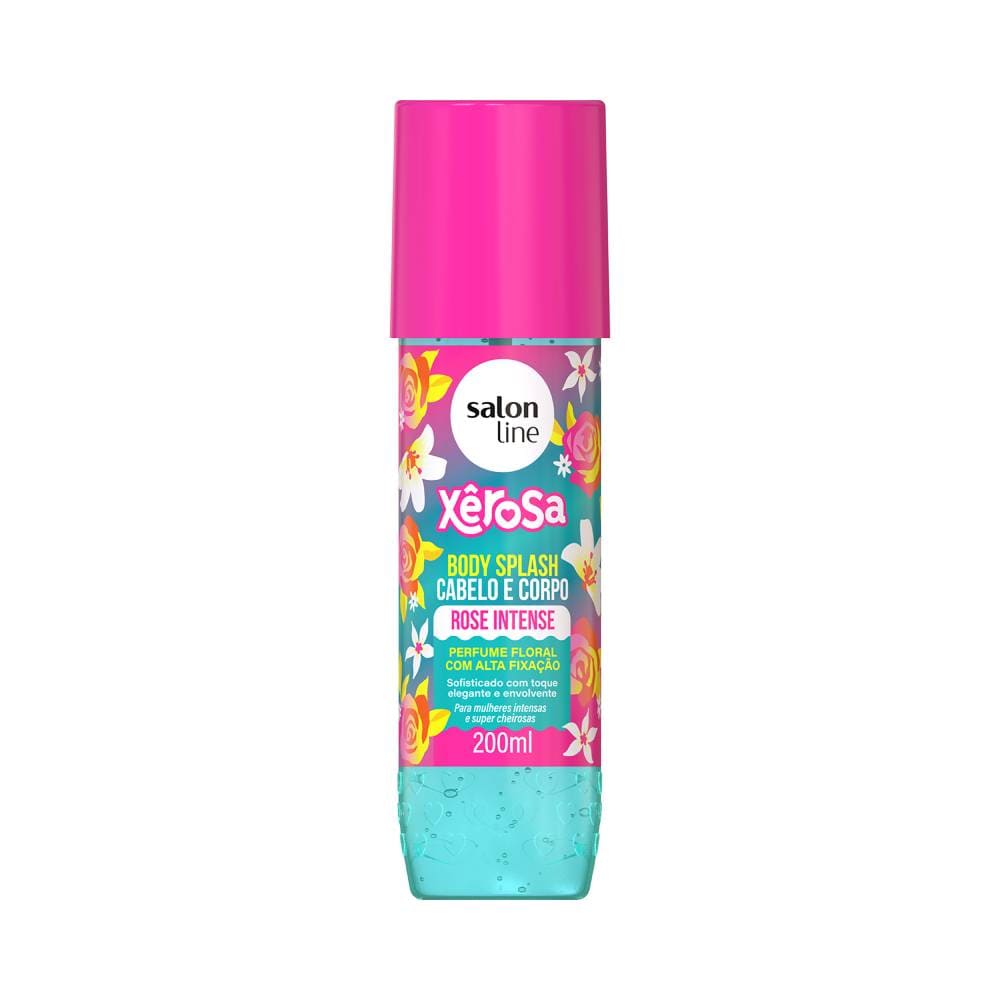 Frasco do Body Splash Salon Line Xêrosa Rose Intense 200ml com líquido azul claro e tampa rosa