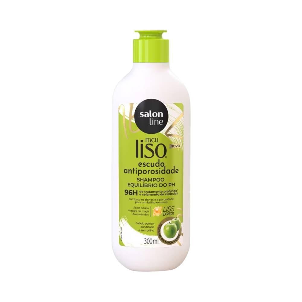 Frasco branco do Shampoo Salon Line Meu Liso Escudo Antiporosidade 300ml com detalhes em verde-limão